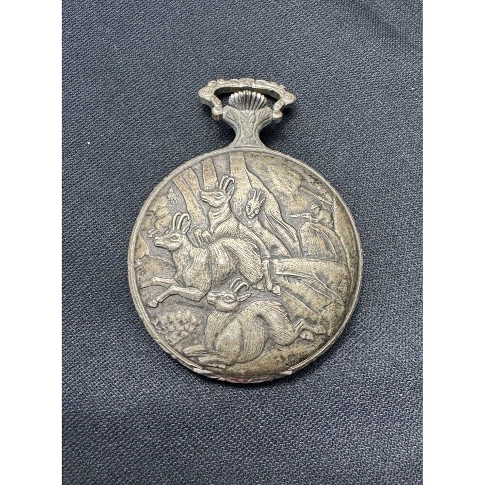 Vintage Swiss Made Pocket Watch Vintage Sculpted Hunter Deer Metal Lord Nelson